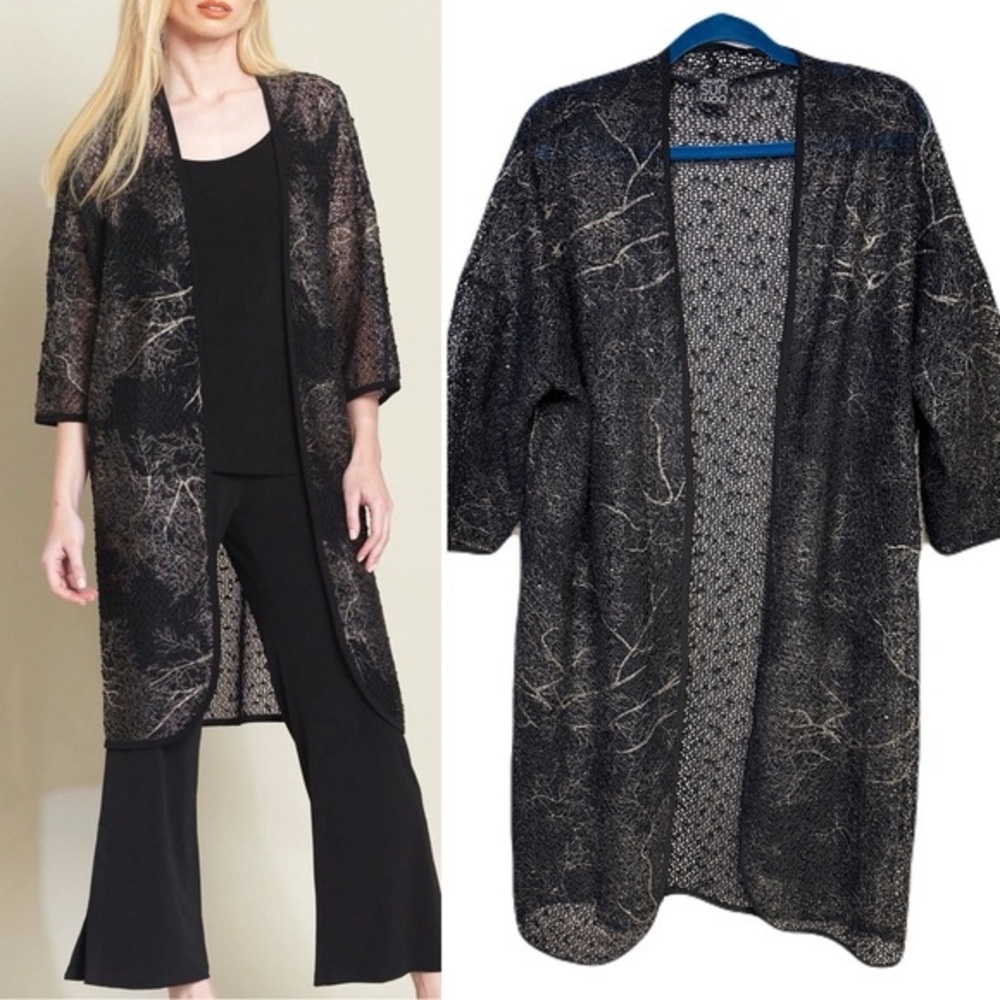 Clara Sun Woo Black Crochet Foiled Duster Open Cardigan Sheer Luxury Grunge L